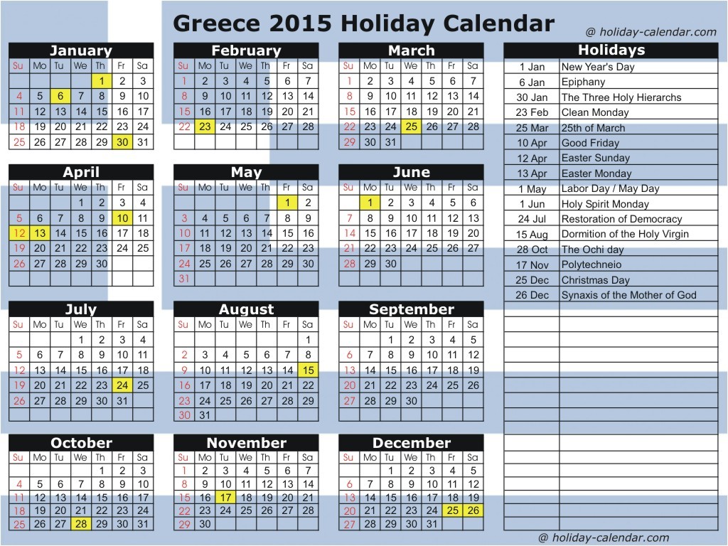 Public Holidays in Greece for 2015