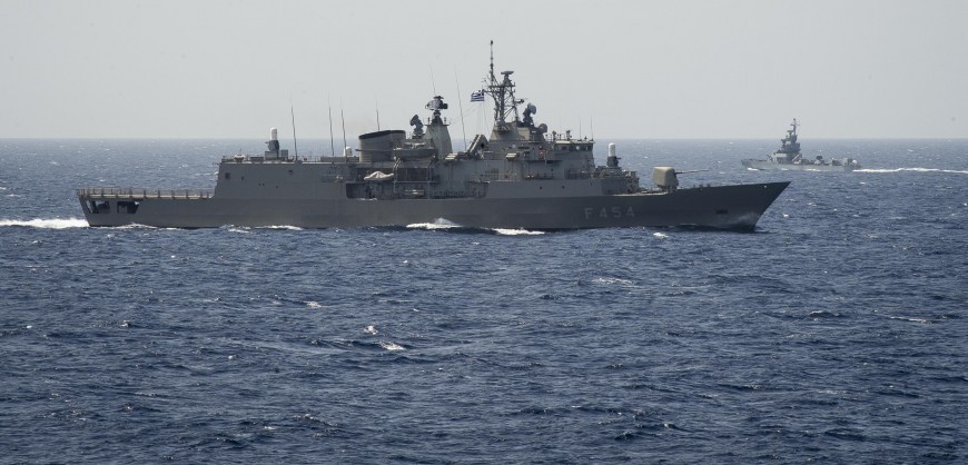 160404-N-FQ994-204 MEDITERRANEAN SEA (April 4, 2016) The Hellenic Navy Psara, F-454, front, sails past the Israeli Navy Keshet, Saar 4.5, while transiting the Mediterranean Sea as seen from the bridge wing of USS Porter (DDG 78) during Exercise Noble Dina April 4, 2016. Porter, an Arleigh Burke-class guided-missile destroyer, forward-deployed to Rota, Spain, is participating in Exercise Noble Dina 2016, an annual trilateral exercise conducted with Hellenic and Israeli forces to increase interoperability and tactical expertise in a number of warfare areas. (U.S. Navy Photo by Mass Communication Specialist 3rd Class Robert S. Price/Released)