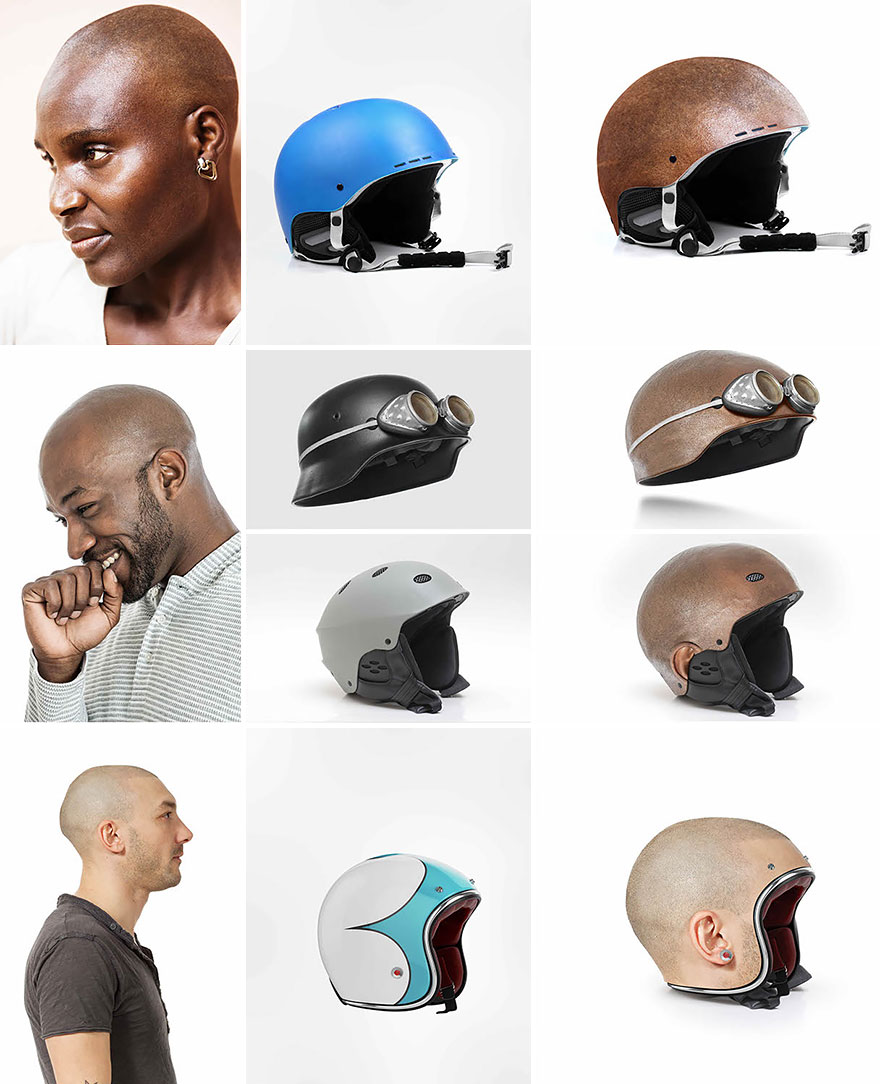 bald man motorcycle helmet Human head helmets close to production