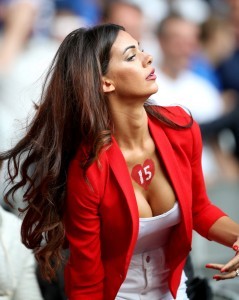 Erjona Sulejmani, girlfriend of Switzerland's Blerim Dzemaili in the stands before the game.