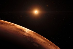 This artist’s impression shows the view just above the surface of one of the planets in the TRAPPIST-1 system. At least seven planets orbit this ultracool dwarf star 40 light-years from Earth and they are all roughly the same size as the Earth. They are at the right distances from their star for liquid water to exist on the surfaces of several of them. This artist’s impression is based on the known physical parameters for the planets and stars seen, and uses a vast database of objects in the Universe.