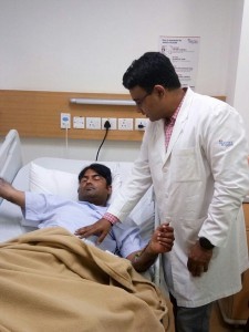 UTTAR PRADESH, INDIA- MARCH 03, 2017: Ved Prakash, 31, being examined by Dr Saurabh Gupta, at Jaypee Hospital in Ghaziabad in Uttar Pradesh, India. Rita slashed her husband's genitals because he refused to have sex with her for ten years. Ved was rushed to nearby Jaypee Hospital.  Dr. Saurabh Gupta, Plastic Surgeon, rettached his penis in a five-hour long surgery and is currently out of danger. Pictures supplied by: Cover Asia Press