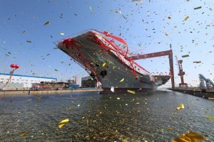 China's second aircraft carrier, first domestically built aircraft carrier, is seen during its launching ceremony in Dalian, Liaoning province, China, April 26, 2017. REUTERS/Li Gang/Xinhua ATTENTION EDITORS - THIS PICTURE WAS PROVIDED BY A THIRD PARTY. THIS PICTURE IS DISTRIBUTED EXACTLY AS RECEIVED BY REUTERS, AS A SERVICE TO CLIENTS. EDITORIAL USE ONLY. NO RESALES. NO ARCHIVE. CHINA OUT. NO COMMERCIAL OR EDITORIAL SALES IN CHINA.