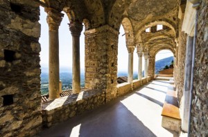 The monastery of Panayia Pantanassa at the historical site of Mystras, a Byzantine castle in Greece. The monastery is the sole inhabited temple on the site since the Byzantium era. Only women live there.