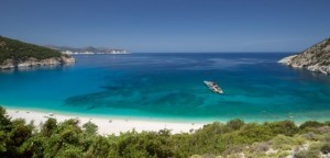 Beautiful Panorama view of Myrtos beach on the Island Kefalonia, Greece.