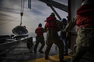 180303-N-JI086-129  IONIAN SEA (March 3, 2018) Sailors and civilian mariners assigned to the Spearhead-class expeditionary fast transport ship USNS Carson City (T-EPF 7), launch a rigid-hull inflatable boat at sea for the first time since the ships commissioning. Carson City is conducting naval operations in the U.S. 6th Fleet area of operations to advance security and stability in the region. (U.S. Navy photo by Mass Communication Specialist 3rd Class Ford Williams/Released)