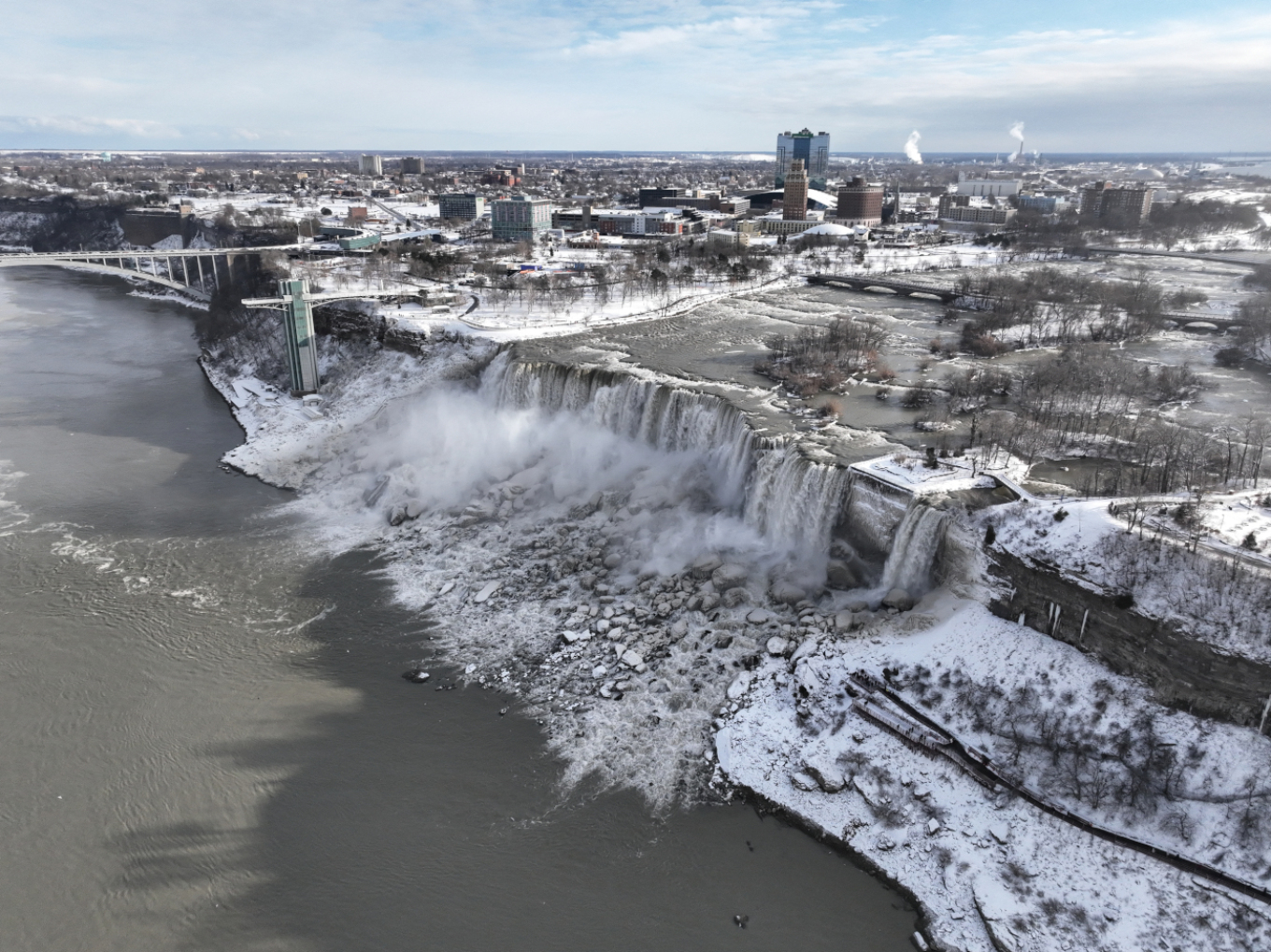 Winter storm in the USA Frozen landscape and Niagara Falls (video