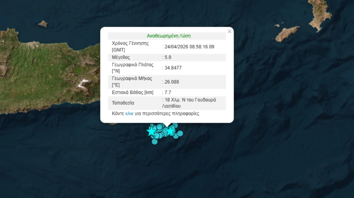 A magnitude 5 aftershock occurred off the coast of Lasithi, following the strong earthquake that shook Crete