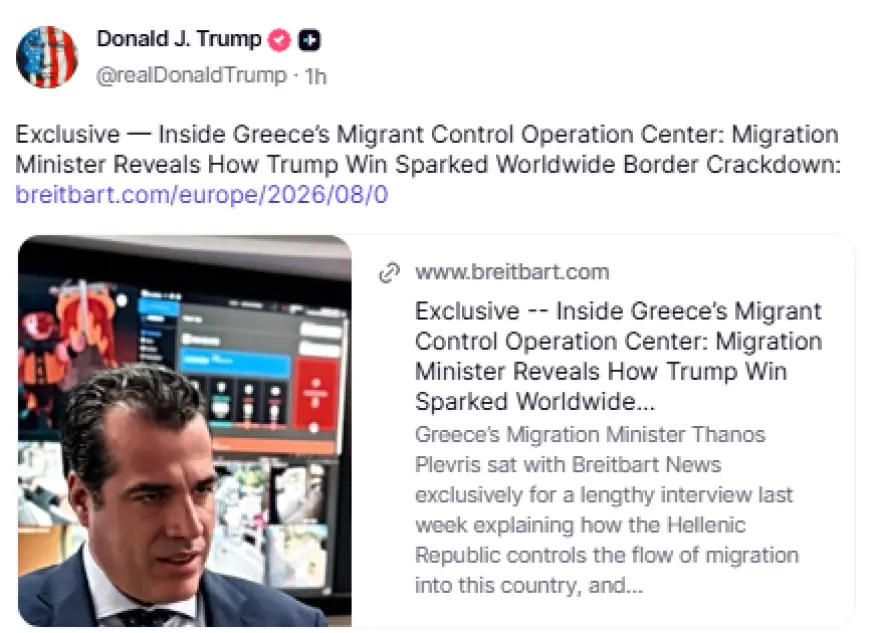 Trump reposted Thanos Plevris’ Breitbart statements on migration: “His re-election changed migration policy in the US & Europe”